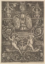A panel of ornament, putti standing on cornucopia in lower section, 1530-60. Creator: Master of the Die.