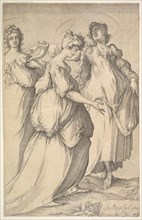 Three Haloed Female Figures, ca. 1610-50. Creator: Matthaus Merian.