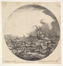 Tempest in a roundel composition, at left waves toss a small ship occupied by seven..., ca. 1625-60. Creator: Matthijs van Plattenberg.