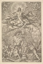 Resurrection of Christ, encompassed by an aureole and clouds with lines of winged putti to..., 1577. Creator: Melchior Meier.