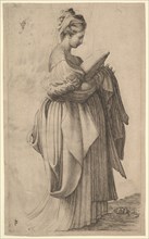 Female Figure holding a Cushion, 1643. Creator: Monogrammist VCP.