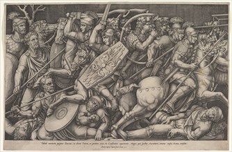 Roman soldiers fighting against Dacians, battle scene in shallow depth with horses and hor..., 1553. Creator: Nicolas Beatrizet.