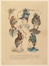 Ladies' Hats, No. 4671, from Journal des Demoiselles, April 1, 1888. Creator: Paul Deferneville.