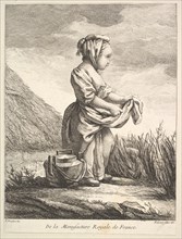 Little girl with a vessel by her feet, from Premier Livre de Figures d'après les porcelain..., 1757. Creator: Pierre Etienne Falconet.