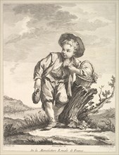Little boy holding a basket of grapes, from Deuxième Livre de Figures d'après les po..., after 1757. Creator: Pierre Francois Tardieu.
