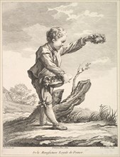 Little boy holding a wreath and basket of flowers, from Deuxième Livre de Figures d'..., after 1757. Creator: Pierre Francois Tardieu.