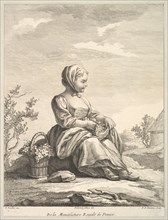 Little girl holding grapes with a basket of them by her side, from Deuxième Livre de..., after 1757. Creator: Pierre Francois Tardieu.