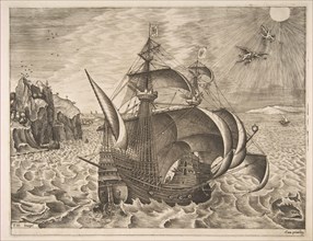 Armed Three-master with Daedalus and Icarus in the Sky from The Sailing Vessels, 1561-65. Creator: Frans Huys.