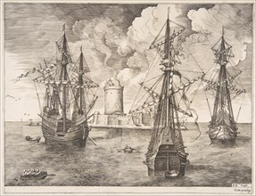 Four-master and Two Three-masters Anchored near a Fortified Island from The Sailing Ves..., 1561-65. Creator: Frans Huys.