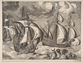 Three Caravels in a Rising Squall with Arion on a Dolphin from The Sailing Vessels, 1561-65. Creator: Frans Huys.