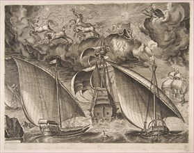 Two Galleys Sailing Behind an Armed Three-Master with Phaeton and Jupiter in the Sky, f..., 1561-65. Creator: Frans Huys.