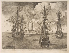 Four-Master (Left) and Two Three-Masters Anchored near a Fortified Island with a Lighth..., 1561-65. Creator: Frans Huys.