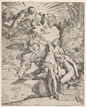 Sacrifice of Isaac: an angel presses against the dagger-bearing arm of Abraham, who ..., ca.1645-50. Creator: Pietro Testa.