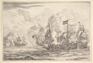 Naval Encounter with Three Vessels on the Right, from Naval Battles (Nieuwe Scheeps Bat..., 1652-54. Creator: Reinier Zeeman.