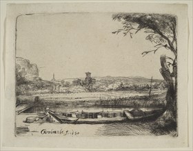 Canal with a Large Boat and a Bridge, 1650. Creator: Rembrandt Harmensz van Rijn.