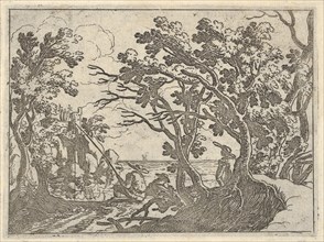 Landscape with onshore fisherman and male onlooker under trees, a man in a boat bow..., ca. 1620-50. Creator: Remigio Cantagallina.