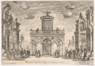 First interlude: palace of fame (Intermedio sesto: palazzo della fama), from the series 'S..., 1608. Creator: Remigio Cantagallina.