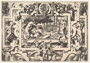 Medea Pours a Magic Potion over Jason (Le roi Aeson tant caduque et chénu en une cuve elle..., 1563. Creator: Rene Boyvin.