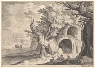Ruined aqueduct with water spilling from it to a stream below, ships at sea beyond, a ..., ca. 1600. Creator: Aegidius Sadeler II.