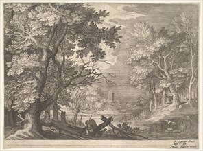 Woodland scene with marshy banks, two men and a dog in profile at left, two-long-necke..., ca. 1600. Creator: Aegidius Sadeler II.