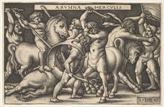 Hercules with his club in center fighting a centaur, other men fighting centaurs to left a..., 1542. Creator: Sebald Beham.