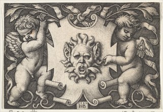 A Mask on an Escutcheon Supported by Two Genii, 1544. Creator: Sebald Beham.