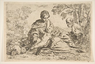 Rest on the flight into Egypt, Mary holding the infant Christ with St. Joseph ..., ca.1640 or after. Creator: Unknown.