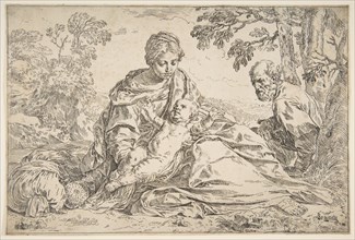 Rest on the flight into Egypt, Mary holding the infant Christ with St. Joseph at right, ca. 1640. Creator: Simone Cantarini.