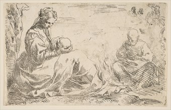 Rest on the flight into Egypt, Mary holding and looking at the infant Christ while St...., ca. 1637. Creator: Simone Cantarini.