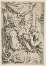 Holy Family with Saint John the Baptist kissing the infant Christ's hand, ca.1642. Creator: Simone Cantarini.