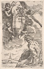 Allegory of the Foglia River and the city of Pesaro's coat of arms, frontispiece for 'Il P..., 1639. Creator: Simone Cantarini.