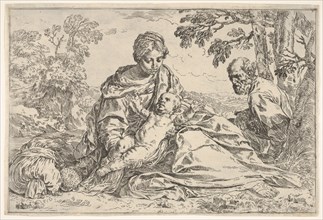 Rest on the flight into Egypt, Mary holding the infant Christ with St. Joseph..., ca. 1640 or after. Creator: Unknown.
