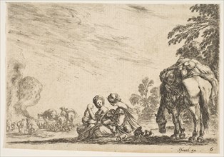 Plate 6: two women, one nursing a child, seated next to a dog and a horse carrying a pack..., 1642. Creator: Stefano della Bella.