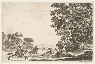 Plate 4: a deer hunt, two horsemen galloping towards the left behind three dogs and a deer..., 1642. Creator: Stefano della Bella.