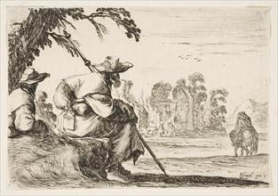 Plate 5: two pilgrims with hats rest to the left, seen from behind, a horseman rides towar..., 1642. Creator: Stefano della Bella.