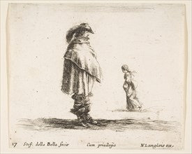 Plate 17: a man wearing a plumed hat in center facing right, a woman walking toward..., ca. 1644-47. Creator: Stefano della Bella.