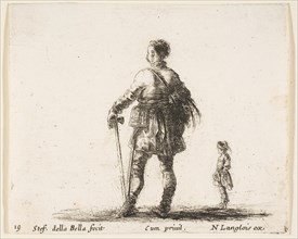 Plate 19: a Polish nobleman in court dress, standing in center, seen from behind, a..., ca. 1644-47. Creator: Stefano della Bella.