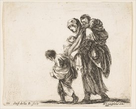 Plate 22: a beggar woman with three children, one child on her shoulders, one child..., ca. 1644-47. Creator: Stefano della Bella.