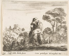 Plate 24: herdsman atop a horse, seen from behind, leads his cattle down a hill, a ..., ca. 1644-47. Creator: Stefano della Bella.