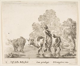 Plate 2: a peasant woman herds two cows across a stream, walking towards the left..., ca. 1644-47. Creator: Stefano della Bella.