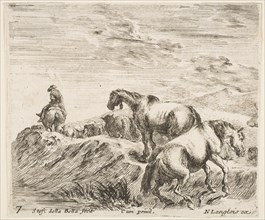 Plate 7: two horses ascending the bank of a river at right, following a procession ..., ca. 1644-47. Creator: Stefano della Bella.