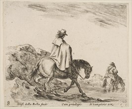 Plate 8: a horseman descends a riverbank, another horseman in river to right, from ..., ca. 1644-47. Creator: Stefano della Bella.