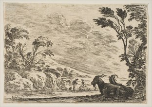 Plate 9: Two goats resting to right, turned towards the left, four men and a horse in a ri..., 1642. Creator: Stefano della Bella.