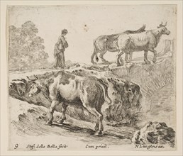 Plate 9: a cow ascending a bank, a peasant woman leading two cows across a bridge i..., ca. 1644-47. Creator: Stefano della Bella.
