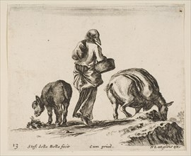 Plate 13: a peasant woman, seen from the back, holding a basket in center, a donkey..., ca. 1644-47. Creator: Stefano della Bella.