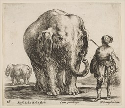 Plate 16: an elephant in center, his mahout standing to the right wearing an Orient..., ca. 1644-47. Creator: Stefano della Bella.