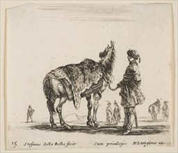 Plate 15: a Polish nobleman, facing away, holding his horse covered in leopard skin..., ca. 1644-47. Creator: Stefano della Bella.