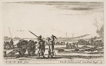 Plate 3: An officer giving orders to a solider in centre foreground, cannon at left, f..., ca. 1641. Creator: Stefano della Bella.