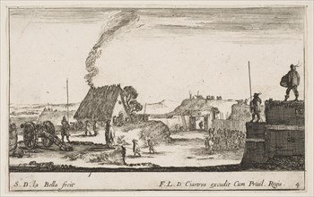 Plate 4: A military encampment with a soldier standing on a parapet to the right beati..., ca. 1641. Creator: Stefano della Bella.