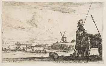 Plate 5: A Pikeman standing at right next to a cannon, other military figures..., ca. 1641. Creator: Stefano della Bella.